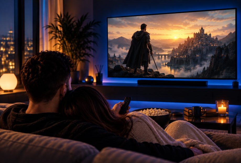Couple relaxing on the sofa streaming a movie on their TV