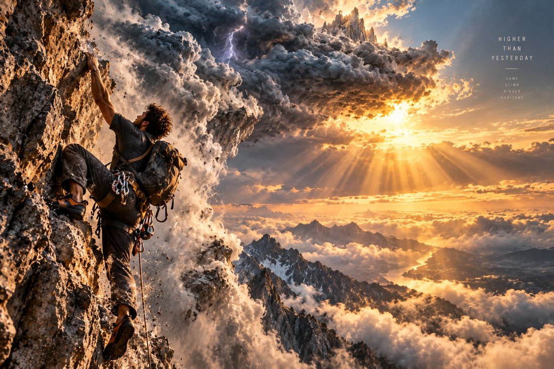 Climber scaling a cliff face above the clouds at sunset