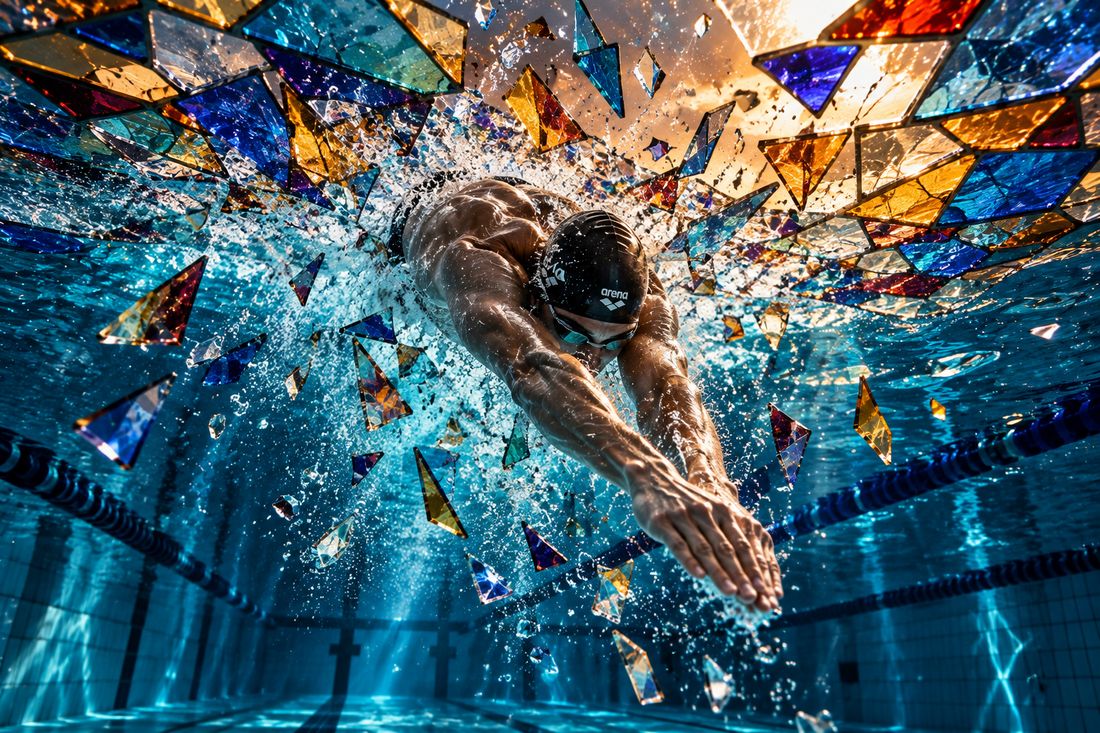 Swimmer underwater surrounded by colorful glass shards