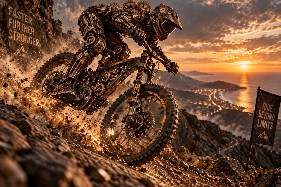 Stylized mountain biker riding downhill at sunset