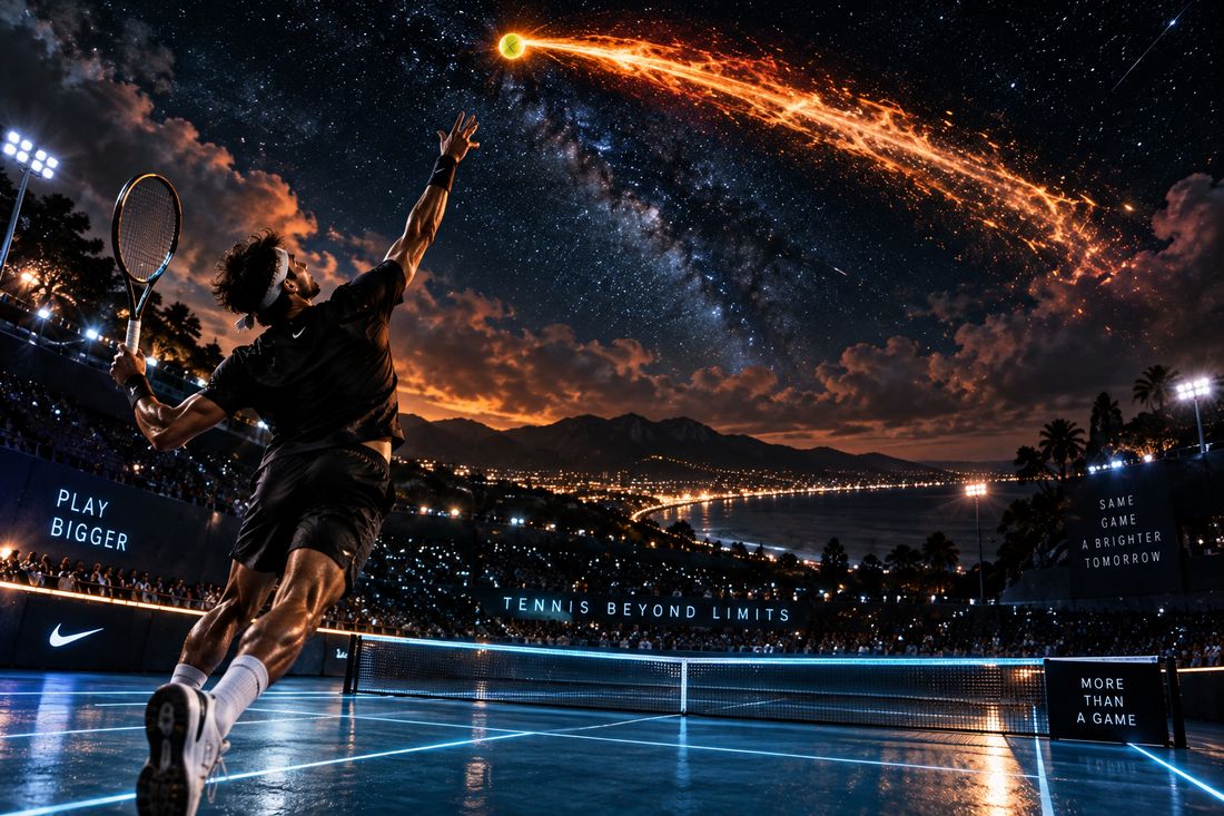 Tennis player leaping for a serve under a night sky