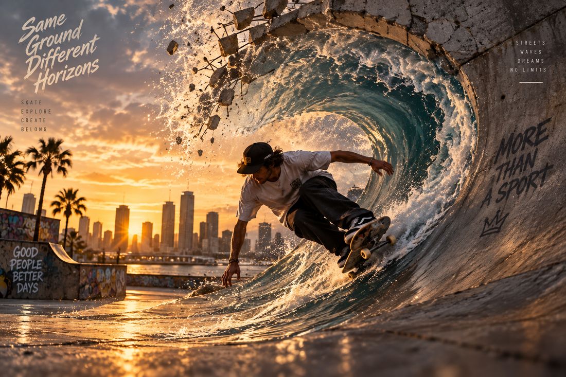 Skateboarder riding inside a wave-shaped ramp at sunset