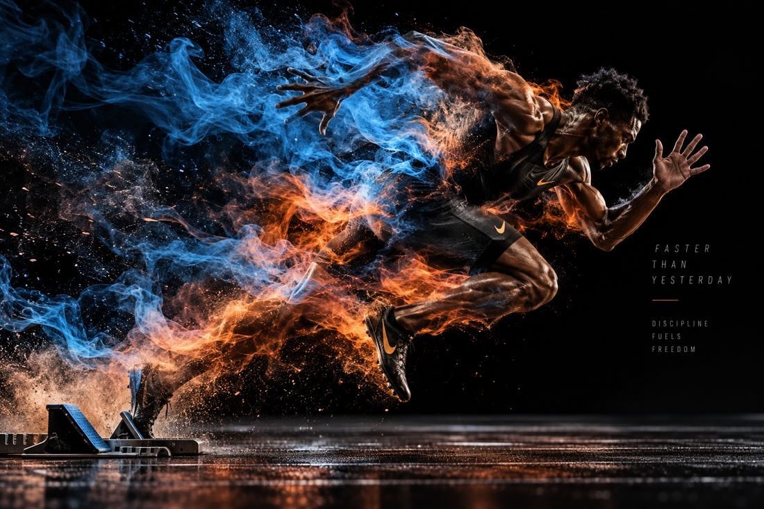 Sprinter bursting from the starting blocks in smoke and light