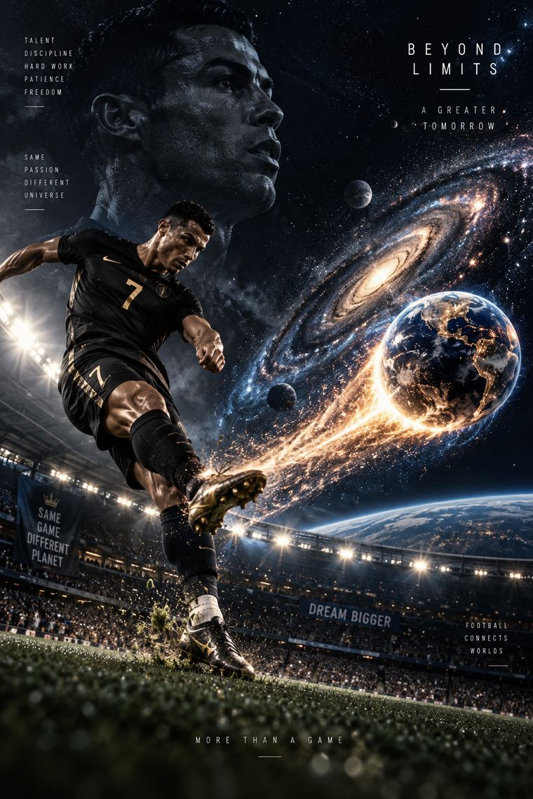 Football player performing a dramatic kick under a starry sky